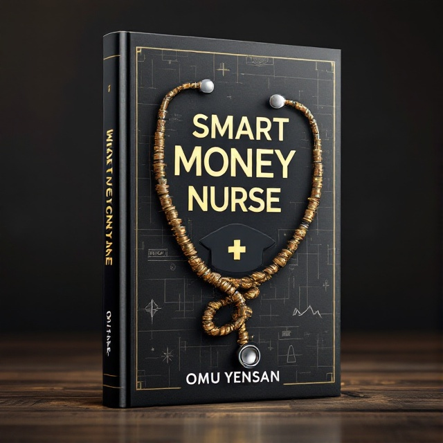 A stethoscope artistically intertwined with stacks of coins, creating a loop around a silhouette of a nurse's cap. The background features subtle blueprint lines and financial symbols in a rich, deep hue.