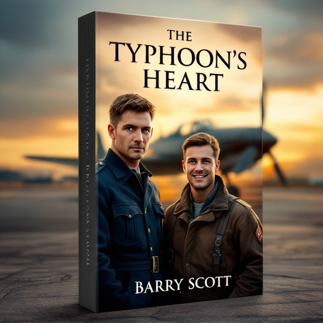 The cover features an RAF World War 2 airbase during an evening golden-hour moment. In the background, a vintage World War 2 fighter plane stands majestically on the tarmac, silhouetted against the warm glow of the setting sun. In the foreground, two men embodying the book's themes of duty and camaraderie stand side by side. The taller man, with a firm posture and piercing green eyes, wears a well-fitted blue RAF uniform. Beside him, the smaller man, with friendly blue eyes, stands relaxed in a brown RAF pilot's flying suit, sharing a smile.