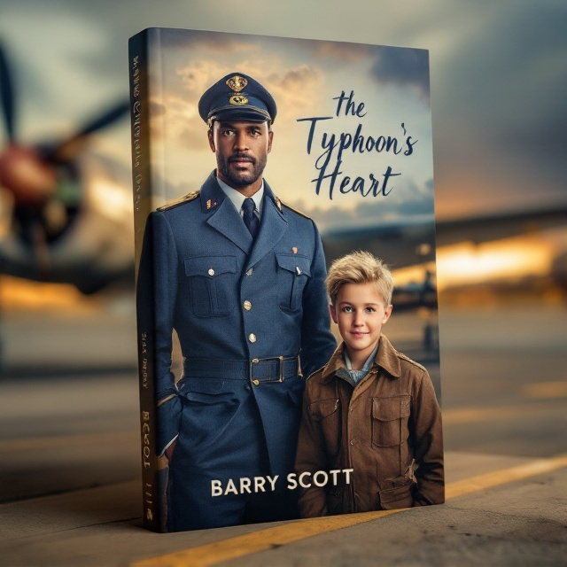 The cover features a nostalgic depiction of an RAF World War 2 airbase set in the golden glow of evening light. In the background, a formidable World War 2 fighter plane rests, casting a long shadow on the tarmac. In the foreground, two men form the central focus the taller man is in a crisp blue RAF uniform, his dark, muscular presence softened by striking green eyes; beside him, the smaller man, with a cheerful disposition, stands in a brown RAF pilot’s flying suit, blonde hair catching the light. Atmospheric details like wispy clouds and a soft gradient sky anchor the scene, evoking emotions of duty, bravery, and camaraderie.