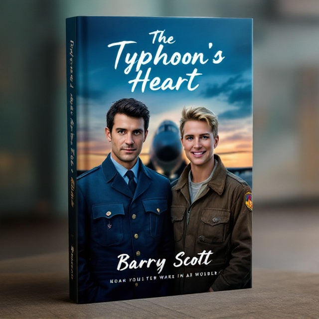 In the foreground, two men stand side by side, exuding strength and camaraderie. The taller man, with dark hair and green eyes, dons a crisp blue RAF uniform. Next to him is his companion, a blonde man with blue eyes, wearing a brown RAF pilot’s flying suit, smiling warmly. Behind them, a World War 2 Fighter rests on a vibrant evening airbase backdrop, with subtle hues of orange and purple skies contrasting the primary blue tones, capturing an atmosphere of duty and bravery.