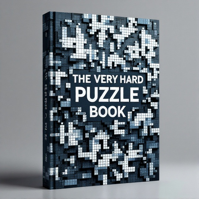 A kaleidoscope of puzzle elements, such as crossword, sudoku, and word search grids, overlapping and tilted at varying angles, forming a complex, layered pattern. The color palette consists of deep blues, grays, and sharp whites to enhance the dystopian feel. Edges of puzzle pieces fade into the background, suggesting complexity and depth.