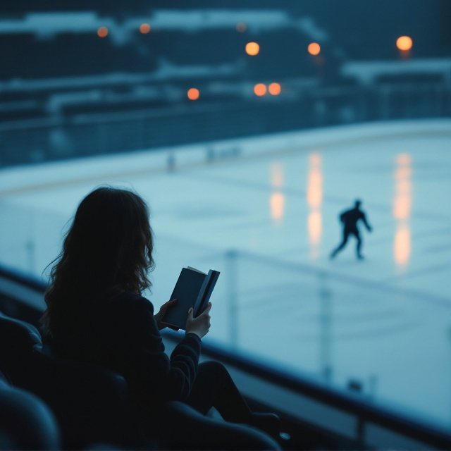 A minimalist design featuring a woman in the background sitting in a slightly elevated perspective in the stands, holding a book close to her face. Her expression is one of infatuation and shyness. In the foreground, a hockey player is seen skating across the ice, partially in motion blur to suggest movement and mystery. The entire scene is set during the twilight hour, casting subtle shadows. In the bottom right corner, the title "Perectly" is inscribed on the icy surface, designed to look integrated with the ice's texture.