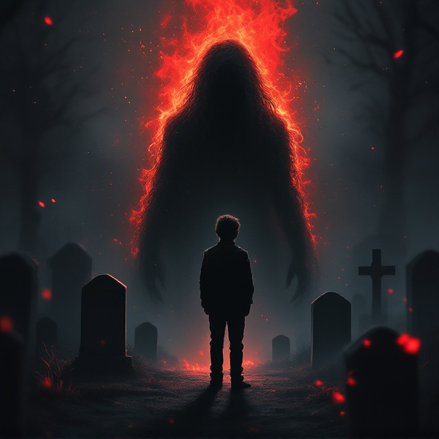 A shadowy graveyard setting takes up the majority of the cover, shrouded in darkness with static interference effects. The central focus is on the silhouette of a boy standing among blurred headstones, his shadow elongated and distorted. Behind him is a haunting spectral shadow of a second boy, with conspicuous curly long hair, wrapped in an ethereal chain, surrounded by flickering, smoky flames that contrast against the static. The mixture of reds and blacks creates an ominous atmosphere.