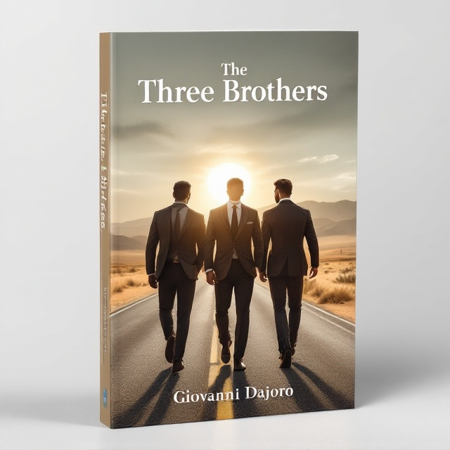 Three tall, muscular brothers stride confidently down a deserted road. They are each dressed in tailored suits, exuding charisma and strength. The brother on the left, with dark skin and striking black hair, stands out against the expansive scenery. The brother in the center, a white man with black hair, walks with his gaze forward. To the right, another white brother with black hair completes the trio. A sunlit horizon stretches behind them, evoking the spirit of adventure and camaraderie.