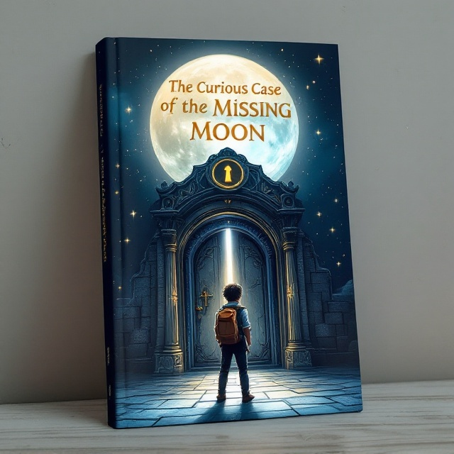 A dreamy and enchanting illustration of a dark blue night sky scattered with shimmering stars. A large, bright moon dominates the scene but is partially concealed by a shadowy figure, adding intrigue and mystery. In the foreground, Alex, the protagonist, commands attention. He stands in front of an ornate, ancient-looking door with an old keyhole, wearing classic adventurer's attire, complete with a backpack, and exuding determination. The door is slightly ajar, through which a sliver of moonlight streams, suggesting a magical world beyond. The color palette of blues and grays is punctuated by touches of gold and yellow, enhancing the fantasy allure.