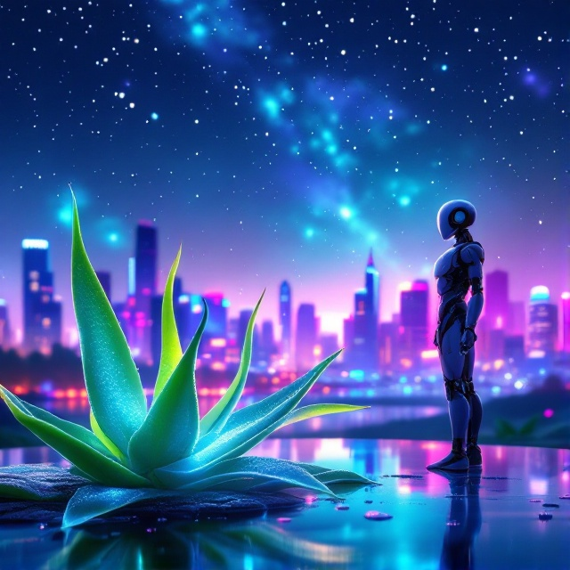 A vibrant, futuristic cityscape under a starry night sky, with neon lights reflecting off sleek buildings. In the foreground, a large, translucent aloe vera leaf, with drops of dew glistening, radiating a soft light that casts a serene glow over the scene. An abstract robotic figure, partially silhouetted, stands observing the city, embodying a sense of wonder and advancement.