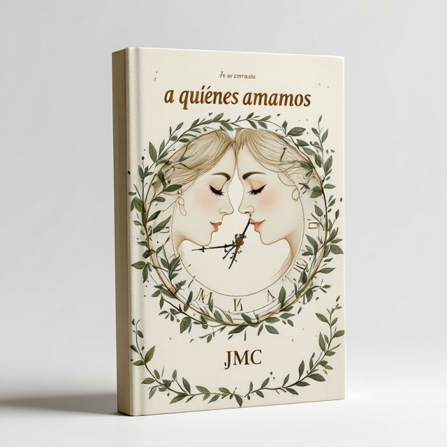 The cover features a pair of faces gently tilted towards each other, capturing their gaze locked in a moment of tender intimacy. The background is a subtle, timeless illustration of a clock with its hands pointing towards different times, merged harmoniously with delicate green foliage wrapping around the clock face, symbolizing the passage of time and eternal love.
