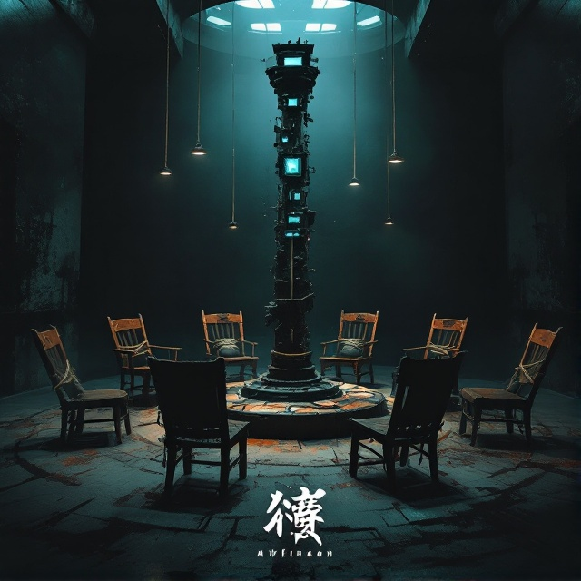 A dark, ominous cover where the central image is a rusted and battered iron pillar standing in a dimly lit, enclosed room. Seven flickering electronic screens hang from the pillar, casting a ghostly glow on the scene. Around the central pillar, positioned in a circular manner, are seven wooden chairs. Each chair has an unconscious person bound with coarse ropes that visibly trail back and connect to the base of the iron pillar. Shadows and soft lighting amplify the eerie and oppressive atmosphere.