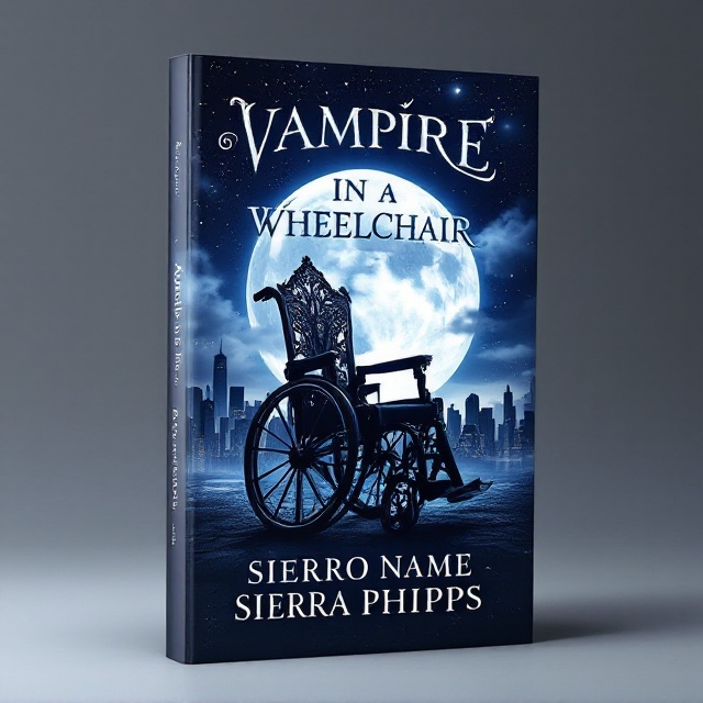 The cover features an intricately detailed wheelchair positioned prominently at the center, embellished with ornate Victorian-style carvings that hint at the historic origins of the vampire. Behind the wheelchair, a large, glowing full moon casts its light, creating an aura of mystery and romance. The moon reflects off the modern cityscape silhouette that stretches across the bottom third of the cover, symbolizing the blend of old and new worlds. The color palette is a mix of deep blues and purples with highlights of silver to evoke a night-time atmosphere.