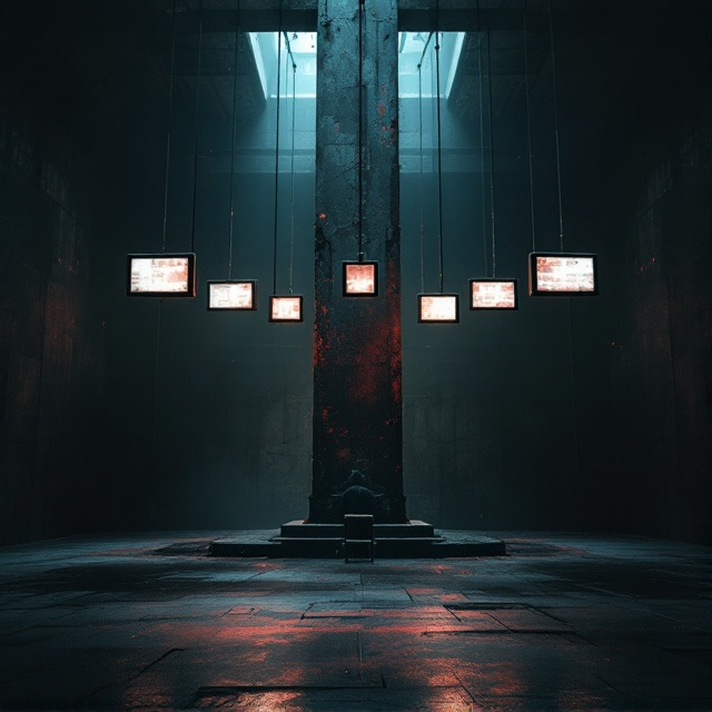 A dimly lit room fills the cover, with darkness encroaching the frame edges. At the center, an aged and corroded iron pillar stands prominently, surrounded by an aura of despair. Seven electronic screens hang from it, evenly spaced, each glowing faintly with digital noise. In front of each screen, a simple wooden chair holds an unconscious, bound figure, all facing away from the viewer. Each rope extends across the cold floor, leading to the ominous base of the iron pillar. The entire scene is bathed in deep shadows with sporadic splashes of dark crimson and vivid red, enhancing the grim atmosphere.