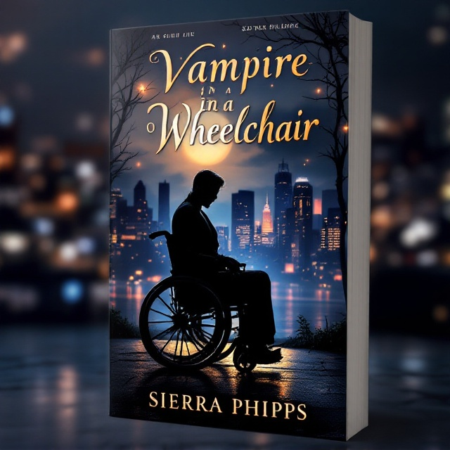 A twilight city skyline is silhouetted against a dusky sky. In the foreground, a striking silhouette of a vampire in a sleek wheelchair is set with the city glittering behind them. Moonlit accents illuminate the vampire, emitting an aura of mystery and romance. Subtle touches of a map are overlaid onto the city's surface, suggesting exploration.