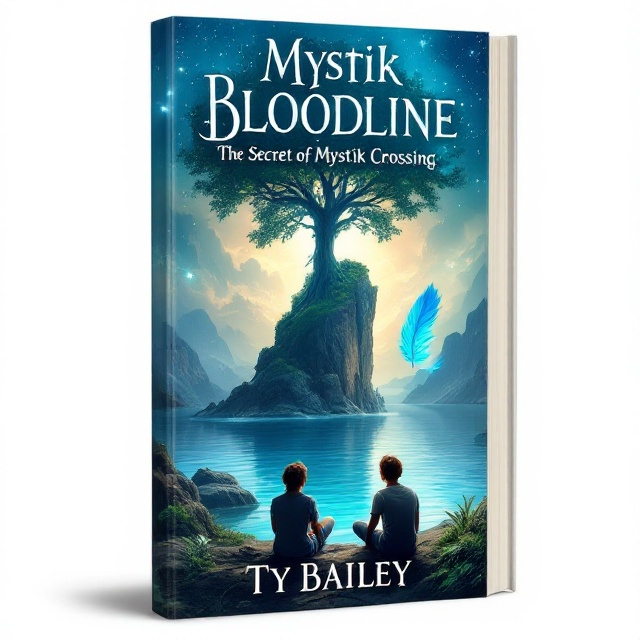 The cover features an ethereal and mystical landscape, with two teenagers sitting on the rocky ocean side. They gaze over a serene, crystal-blue lake. In the distance, a grand rock formation shaped like a cross stands majestically from the water. Atop it, the Tree of Life extends its branches towards the golden-hued sky. A bright, vibrant blue feather floats down, its path captured mid-descent towards the lake. The scene is bathed in soft, angelic light that enhances the wondrous atmosphere.
