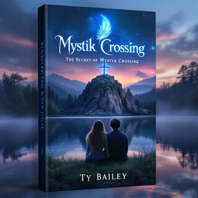standing book mockup, Its title is "Mystik Crossing: The Secret of Mystik Crossing". Its author name is Ty Bailey.  A magical scene with a twilight sky setting, where a serene lake reflects the mysterious world above. Two teenagers—a girl with long golden hair, and a boy with dark shoulder-length hair—sit together on the grassy lakeside, gazing toward a cross-shaped rock formation crowned with the Tree of Life. Above them, a vibrant blue feather gently floats from the heavens, mirrored in the lake below next to a pair of translucent rings that glimmer in the water's reflection. The ambiance is a harmonious blend of subtle love, intrigue, and magical realism. Elegant serif typeface with gentle curves and an ethereal glow. The book title "Mystik Crossing The Secret of Mystik Crossing" appears in large, mystical font at the top, while the author's name, "Ty Bailey," is positioned at the bottom in a slightly smaller, but still prominent font style., The main visual elements are centered, with the teenagers slightly to the left to balance the feather descending from the sky on the right. The title arcs gracefully above the central image of the lake and rock formation, while the author's name is placed directly beneath the scene, maintaining a clean and balanced layout that draws the eye naturally across the cover.