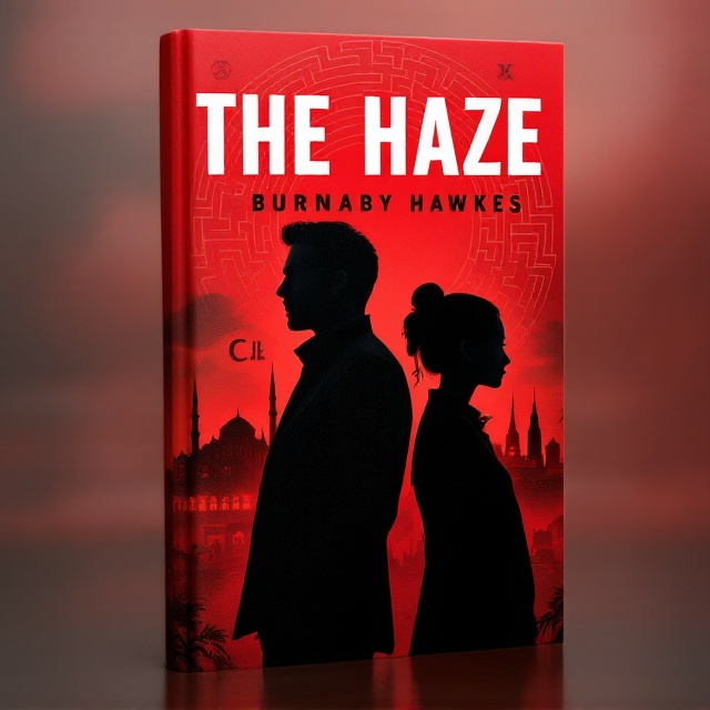 standing book mockup, Its title is "The Haze". Its author name is Burnaby Hawkes.  An Irish man and a Chinese woman are featured in silhouette, standing back-to-back. In the background, a blend of iconic Cairo mosques and Singaporean temples form an intriguing skyline. A dense, red haze swirls around them, embodying espionage and mystery. Subtle outlines of a labyrinth, the CIA emblem, and Russian KGB symbol are interwoven, subtly hinting at the complexity and intensity of the narrative. Bold, sans-serif font for the title "The Haze" in bright white, contrasting against the red backdrop, giving it a striking appearance. Author name, Burnaby Hawkes, in smaller, classic serif text at the bottom in white for elegance and readability., Title prominently placed at the top, with the central silhouettes below it. The background merges with the complex cityscape, having cultural and international espionage symbolism. Burnaby Hawkes’s name at bottom center, ensuring balance and focus on key visual themes.