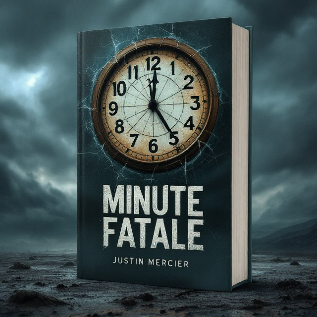 A dark, turbulent sky filled with thick, swirling clouds, dominated by a massive, looming clock face. The clock is cracked, with its hands frozen at one minute to midnight, suggesting imminent disaster. The clock’s numbers are slightly distorted, heightening the sense of foreboding. Beneath the clock, a desolate, apocalyptic landscape stretches out, partially obscured by the low-hanging clouds.