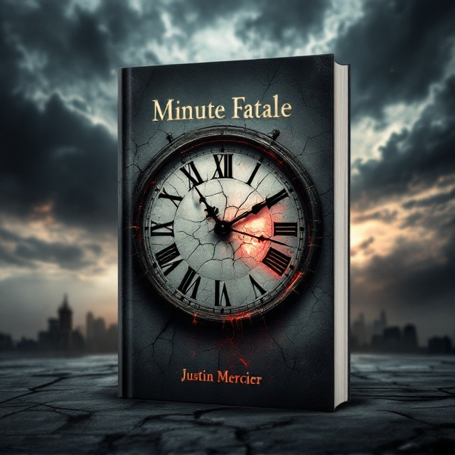 A dark and stormy sky filled with swirling, ominous clouds dominates the background. In the center, a large, cracked vintage clock face looms, with its hands frozen at one minute to midnight. The cracks in the clock reveal a glowing red light beneath, suggesting a sense of urgency and danger. Shadows and subtle silhouettes of a dilapidated city skyline appear at the bottom, enhancing the dystopian atmosphere.