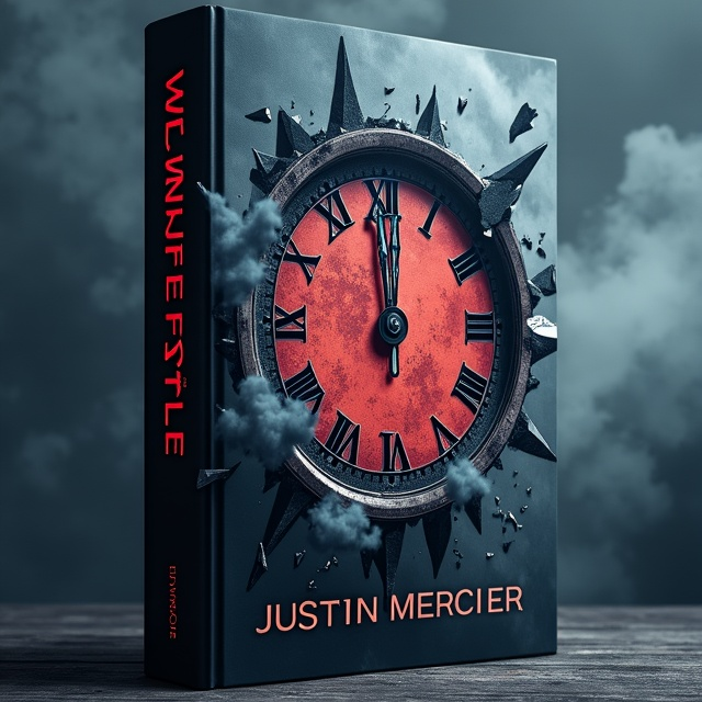 A dramatic, dark cover featuring a half-visible, shattered clock face with sharp, jagged fragments flying out against a backdrop of ominous, swirling clouds. The clock hands are exaggerated and appear as if they are slicing through the clouds, hinting at action and high stakes. Bursts of red light illuminate parts of the clouds, creating a sinister atmosphere.