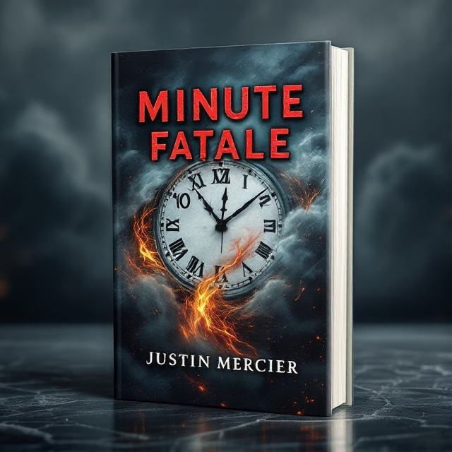 A dramatic depiction of a clock surrounded by swirling clouds and engulfing flames dominates the cover. The clock's hands are stuck at a crucial moment, emphasizing suspense. The background features a mix of dark clouds with fiery tendrils weaving through, creating a sense of impending doom.