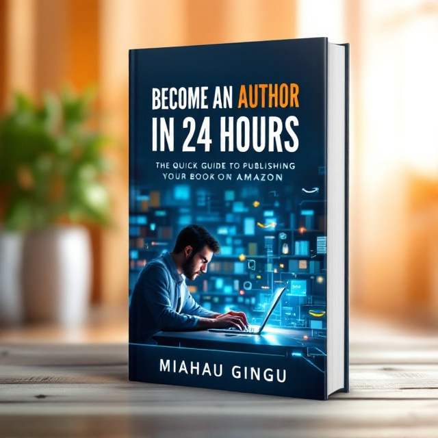 A sleek, minimalist design featuring a person intensely focused at their laptop, fingers flying over the keyboard, symbolizing rapid progress. In the background, an abstract digital bookshelf fades into view, subtly hinting at Amazon's vast library. The Amazon logo is cleverly integrated into the digital elements. Vibrant colors like electric blue and bright orange convey a sense of speed and energy.