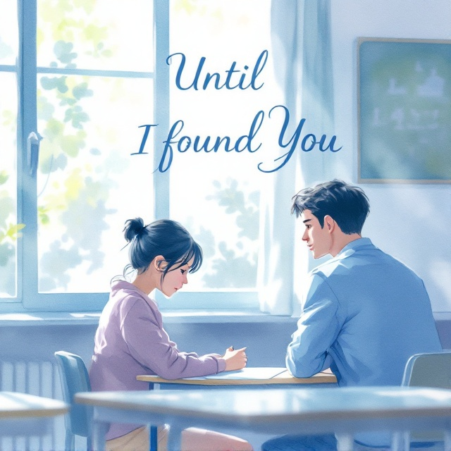 A watercolor illustration of a serene high school classroom with soft light filtering through the windows. In the foreground, a high school girl is sitting at a desk, her expression contemplative and sad, looking out of the window. In the background, a high school boy is glancing towards her, capturing a moment of quiet elegance. The color palette is dominated by light blues, soft whites, and gentle shadows, adding to the calm and elegant mood.
