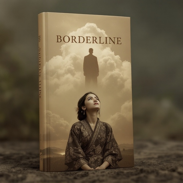 The cover features a central image of a young woman wearing traditional Indonesian batik clothing from a bygone era. She is positioned prominently, gazing upward at the sky filled with textured clouds. Within these clouds, the faint silhouette of a Dutch man from the past emerges, adding an air of mystery and tension. The background transitions from a muted, sepia-tone landscape at the bottom to a deep, dramatic sky at the top, reinforcing the historical context and emotional emptiness.