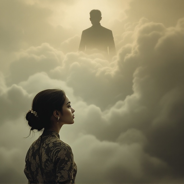 An atmospheric scene with a muted, sepia-toned background. The central focus is a vintage portrayal of a native woman in traditional kebaya batik attire, her hair styled in a classic gelung. She gazes pensively towards a vast sky filled with misty clouds. Within these clouds, the faint silhouette of a Dutch man can be discerned, symbolizing longing and connection across time.