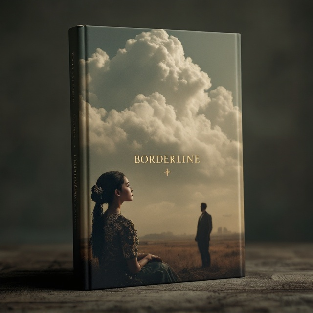 A central focus on a scene depicting a Javanese woman, dressed in traditional kebaya and batik attire, her hair elegantly styled in a gelung, gazing wistfully at the sky. The clouds reflect the faint visage of a Dutch man from the same era. The title "Borderline" is placed prominently between them in the middle of the cover. The color palette is somber with muted earth tones and soft gray clouds, creating a sense of emptiness and tension.