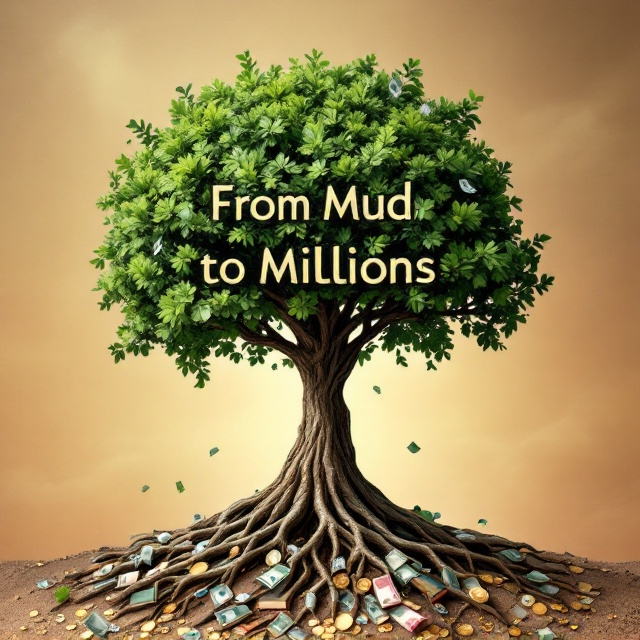 A towering tree dominates the foreground, its wide and sturdy trunk suggesting growth and stability. The roots of the tree are detailed with intricate book spines, nestled within the earth. The branches reach upwards, transitioning from lush green leaves to various currencies like dollar bills, euros, and coins, shimmering with subtle gold and silver highlights. The background is a soft but rich brown gradient, evoking a fertile soil under a bright, promising sky.