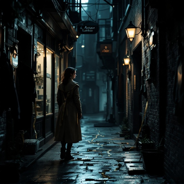 A mysterious and shadowy alley at night, with a young woman in a detective's trench coat subtly highlighted. The background blends into a larger element—a scene from the inside of a dimly lit tailor's shop showing a measuring tape draping over a vintage sewing machine. A small part of the cover subtly features a sleek, modern doctor's clinic sign peering over the alley entrance.