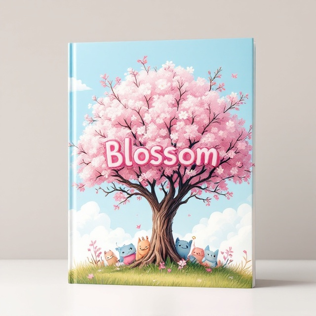 A whimsical illustration of a large blossom tree in full bloom, its branches swaying playfully across the cover. The tree is rendered in vibrant pastel shades, with a few humorous fantasy creatures peeking from behind its trunk and branches. A light blue sky with fluffy clouds serves as the background, enhancing the cheerful feel.
