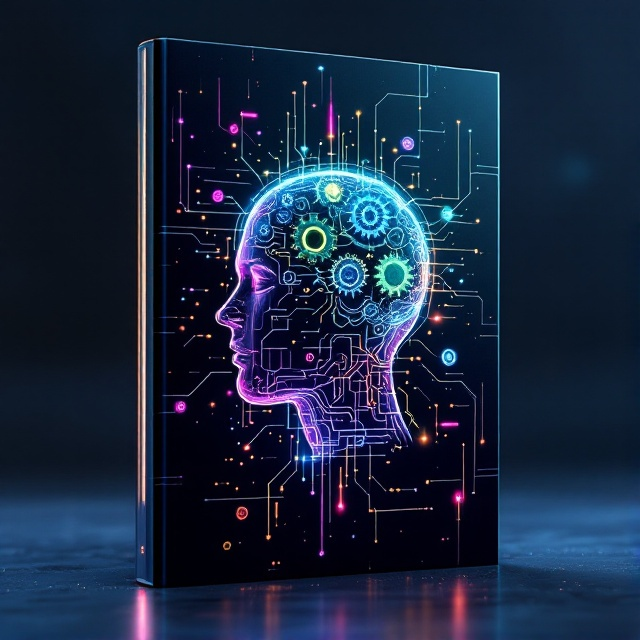 Abstract futuristic shapes resembling gears and circuits, intertwined, and glowing in shades of blue, purple, green, and yellow, create a sci-fi atmosphere. A holographic effect overlays the design, hinting at technological advancement in employee performance evaluation. An abstract representation of a human head with gears symbolizes the fusion of human resources and technology.