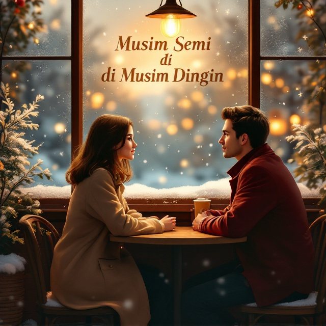 The cover features an illustration of a cozy café setting. The foreground shows a young woman with shoulder-length brown hair, wearing a light brown coat, sitting across from a man in a maroon coat. They are seated near a window with frost-touched panes, capturing the essence of winter outside. Soft snowflakes can be seen falling gently outside, and the warm, inviting glow inside the café contrasts with the chilly scene outdoors, providing a romantic and intimate atmosphere.
