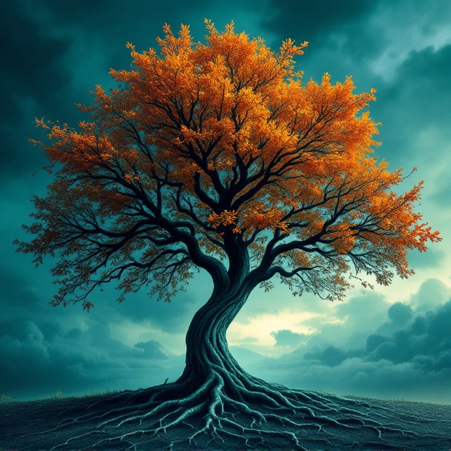 A large, sturdy tree with autumn-colored leaves dominates the foreground, set against a vivid gradient of green and blue sky. The tree's branches form twisted, intricate shapes, casting suspenseful shadows. The background features a hint of a corporate high-rise building, subtly integrating the theme of management and organization, with dark, stormy clouds rolling in the distance to create a thriller atmosphere.