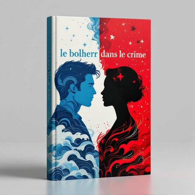 Two contrasting halves, one in serene blue and white hues, the other in bold red and black. Each side features a stylized silhouette of a man and a woman facing each other across the divide. The blue and white side emanates calm, with gentle waves or clouds, while the red and black side suggests intensity, with subtle abstract flames or shadows.