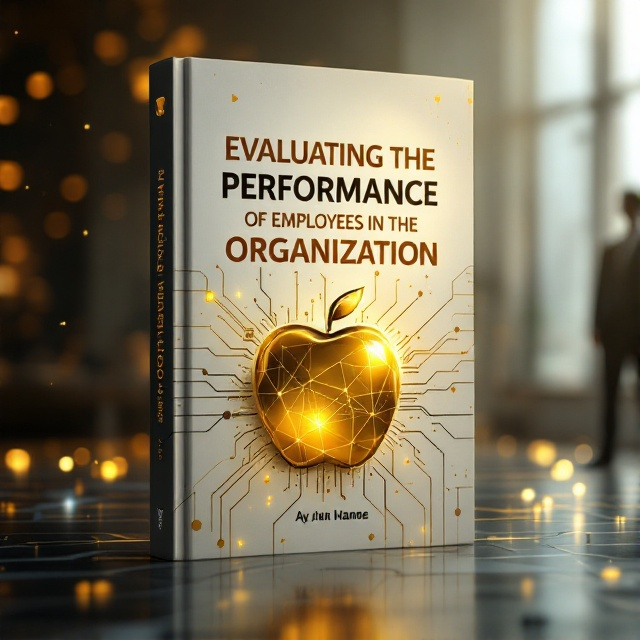 A golden apple, symbolizing 'the fruit of knowledge and evaluation,' takes center stage. Surrounding it are abstract geometric patterns representing dynamism and organizational growth. A subtle background of interconnected circuits symbolizes the role of technology in organizational evaluation, while a faint silhouette of a confident leader stands in the background, embodying managerial charisma.