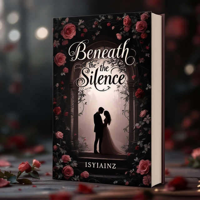 The cover features an ethereal and mysterious scene set in a dimly lit, shadowy garden. The edges softly fade into burgundy, with intertwined vines and roses climbing up from the bottom. A barely visible silhouette of a couple under an arch forms the focal point, suggesting romance and intrigue. The background combines the colors of nude and burgundy, providing a subdued yet captivating contrast that draws the eye toward the center.