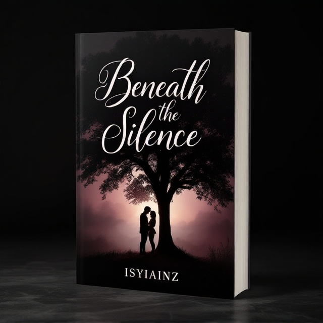 The cover is dominated by shadows, incorporating burgundy and nude color tones to create a mysterious and romantic atmosphere. A silhouette of a couple standing beneath a large, shadowy tree, partially obscured by mist, evokes intrigue. In the background, hints of a twilight sky peek through, adding depth.