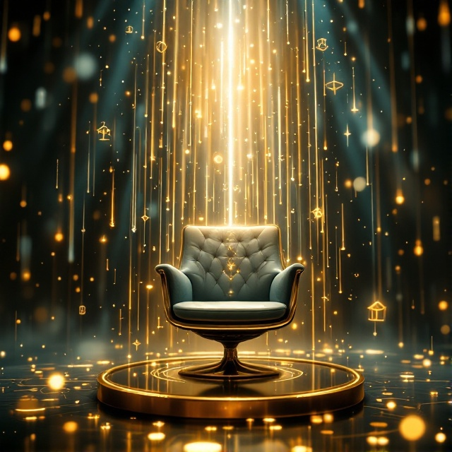 The cover features a mystical managerial chair in the center, surrounded by ethereal rain droplets, which create a sense of mystery and magic. Beams of soft, golden light illuminate the chair, symbolizing wisdom and insight. A surreal fantasy landscape of an office environment with floating symbols of performance evaluation tools fades into the background, giving it a dreamlike quality.