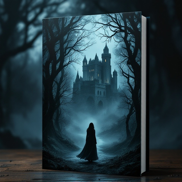 The cover art showcases a mysterious, shadowy forest with mist weaving through the ancient trees. At the center, a forlorn castle emerges from the mist, partially shrouded in darkness. In the foreground, a solitary woman stands with her back turned, gazing towards the castle, embodying a sense of longing and solitude. The atmosphere is ominous, with a palette dominated by dark blues and blacks, punctuated by subtle hints of deep crimson suggesting underlying tension and emotion.