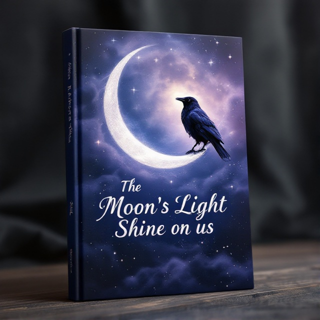 A large, ethereal half moon dominates the upper third of the cover, casting a soft, romantic glow over the scene. A raven is perched elegantly on the crescent curve of the moon, its feathers blending into the moody purple and indigo hues of the night sky. These elements are set against a dreamy, whimsical backdrop of stars and swirling mists.