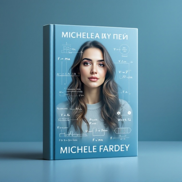 The cover features a high-resolution photo of Michele Fardey centrally placed, set against a subtle light blue gradient background. Surrounding the image, there is a semi-transparent overlay illustrating the area under the sine function. Newton's Second Law Formula (F = ma) is elegantly angled near a depiction of mechanical work. The Ohm's Law Formula (V = IR) is placed alongside a simple electrical circuit illustration. The Pressure Formula (P = F/A) accompanies fluid dynamics imagery. A magnet with its magnetic field is illustrated on the left, while on the right, two vectors are shown being added. The Work Formula (W = Fd) completes the composition with relevant imagery.