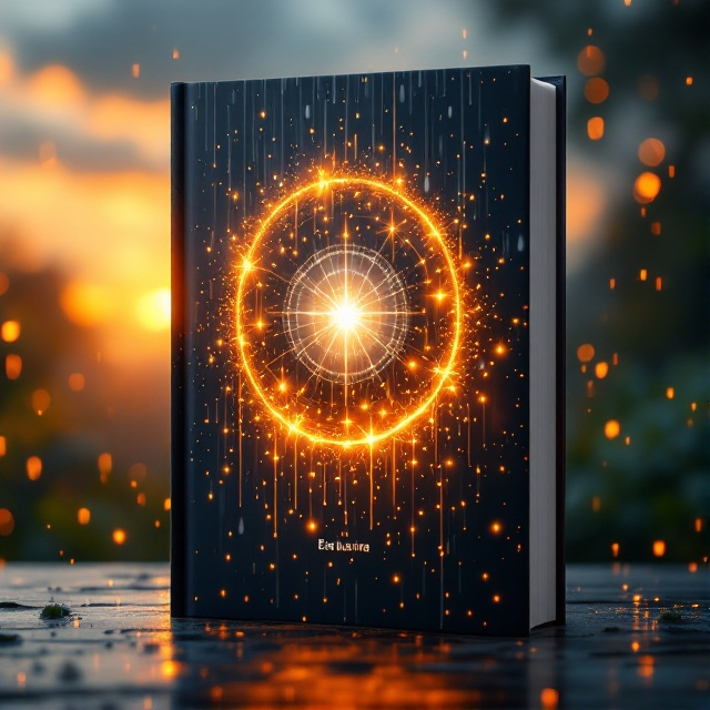 A mesmerizing scene of rain droplets cascading down, intertwined with droplets of light to symbolize knowledge and innovation. These elements form a luminous halo that enshrines the core of human resource management science at the center. The sky transitions smoothly from the golden hues of dawn to the fiery tones of sunset, illustrating the continuous cycle of learning and adaptation.