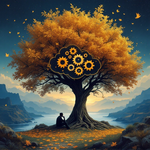 A serene and thoughtful autumn scene features a large, majestic "Tree of Knowledge" with golden and amber leaves falling gently. Under the tree, a contemplative figure sits with their chin resting on their hand, lost in deep thought, suggesting introspection about personal performance. Above the figure, gears are subtly illustrated within a cloud shape, symbolizing the mechanisms of performance evaluations and feedback. The background seamlessly integrates elements of the night sky, a coastal landscape, and rugged terrains to evoke a sense of connection with nature and vast possibilities.