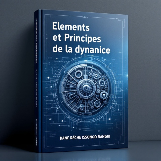 The cover features a large, intricate mechanical system diagram with gears and pulleys at its center. This schematic is rendered in a metallic gray on a deep blue background, creating a futuristic and scientific feel. The title "Eléments et Principes de la dynamique" is prominently displayed above the diagram. Subtle abstract patterns reminiscent of mathematical equations and graphs fade into the background, adding depth and complexity.