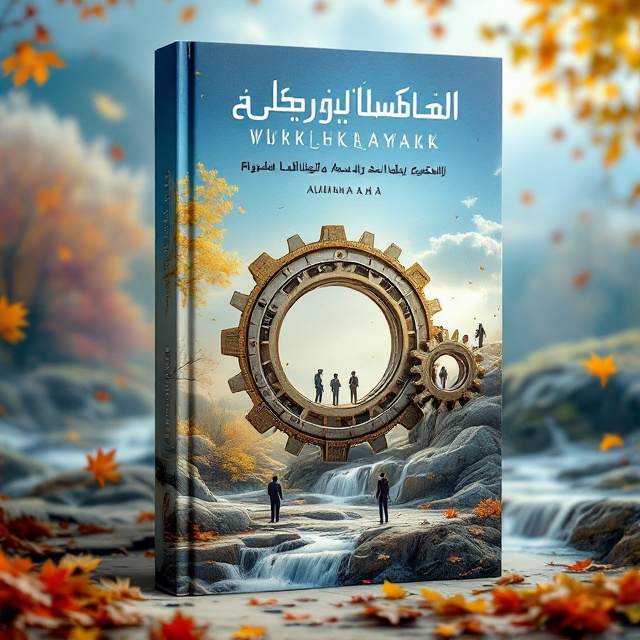 In the foreground of the cover, there's a large, intricate gear that represents the mechanics of work performance. Around it, small figures of people are depicted, symbolizing human resources. In the background, a serene, blue spring sky merges with muted autumn and winter colors, evoking a sense of continuous change and balance. A blend of flowing streams and falling leaves creates a dynamic landscape of transformation and enlightenment.