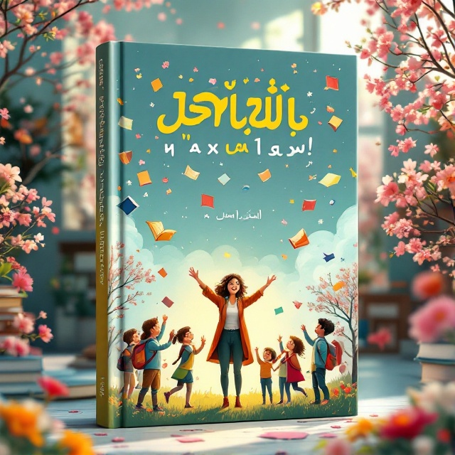 A whimsical, colorful scene of a dedicated teacher energetically interacting with joyful students under a sky filled with blossoming springtime flowers. The school’s backdrop has magical, fantasy-like elements, such as floating books and vibrant, whimsical trees, to emphasize wonder and enchantment.