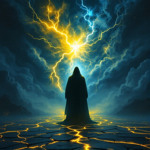The cover features a dominating, dark blue sky filled with swirling clouds illuminated by eerie yellow lightning. In the center, a powerful figure stands cloaked in shadows, his eyes glowing with an intense yellow light, signifying an aura of mystical power. The ground beneath him is cracked, with a subtle glow emanating from the fissures, creating a contrast between darkness and vibrant energy. In the backdrop, faint outlines of fantastical realms merging together symbolize the merging worlds.