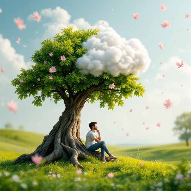 A serene, picturesque scene with a character sitting thoughtfully on a decaying tree trunk, partially shaded by a lush, vibrant tree. Above, nestled within its green leaves, is a cloud shaped like HR management gears. The ground is a stunning meadow, and the sky is filled with floating, fragrant pink blossoms.