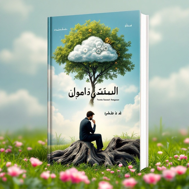 The cover features a solitary figure sitting pensively on a decayed tree trunk, juxtaposed under the lush shade of a vibrant green tree. The figure has a hand under their chin, lost in thought. Above, nestled within the tree’s leaves, is a single cloud with intricate gears symbolizing human resource management. The ground is a verdant meadow with sky scattered in a gentle flurry of pink blossoms, conveying a landscape of both contemplation and beauty.