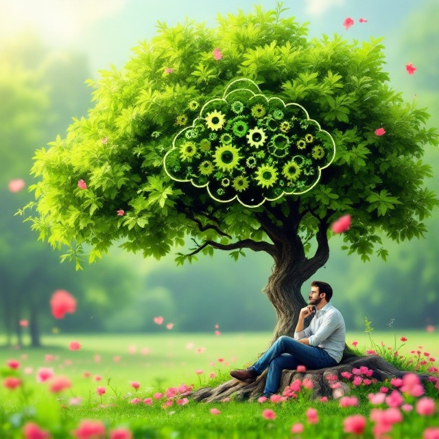A tranquil scene with a lush green tree dominating the right side, its branches extending overhead. The manager is sitting thoughtfully on the tree stump, with his left hand supporting his chin, looking contemplative. Above him, nestled in the foliage, is a cloud-shaped thought bubble containing intricate gears representing human resource management. Around the tree, vibrant pink flowers float gently in the breeze, and the ground is a vivid, green meadow.